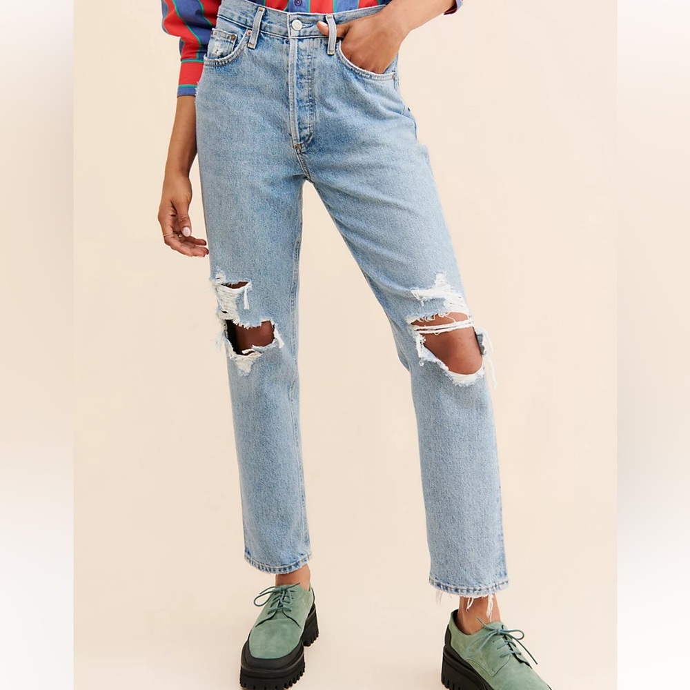 Agolde Light Blue Distressed Straight Jeans